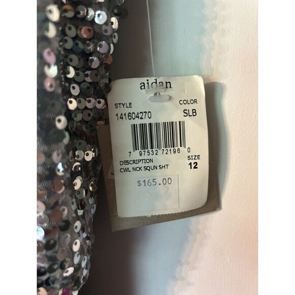 Aidan Mattox Women's Sequin Cowl Neck Dress W/ Satin Belt Size 12 Silver New Wit - Picture 3 of 6